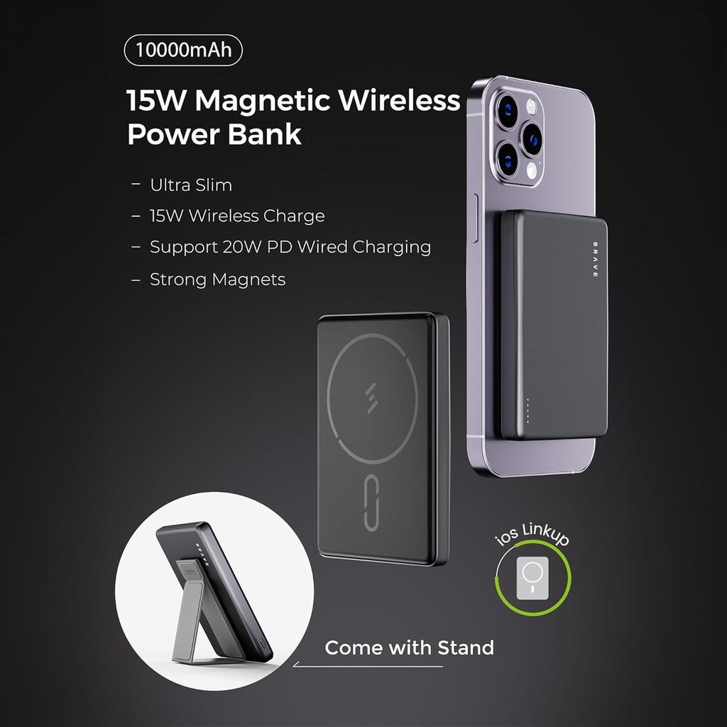 BRAVE Ultra Slim 10000mAh Magnetic Wireless Power Bank 15W With Stand, 20W Type-C