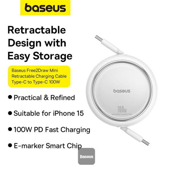 Baseus Free2Draw Mini Retractable Charging Cable Type-C to Type-C 100W 1m Moon White