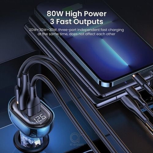 Brave 3 Ports Transparent Digital Display Fast Car Charger PD&Q3.0 80W B-22