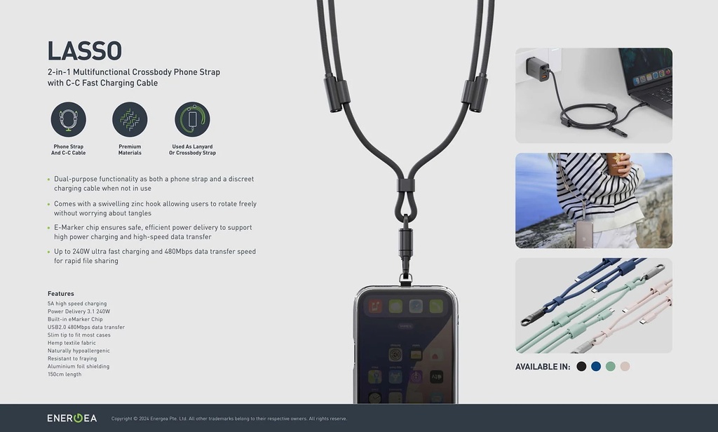 Energea Lasso 2-In-1 USB-C to USB-C 240W  Lanyard With Charging Cable 1.5M - Blue