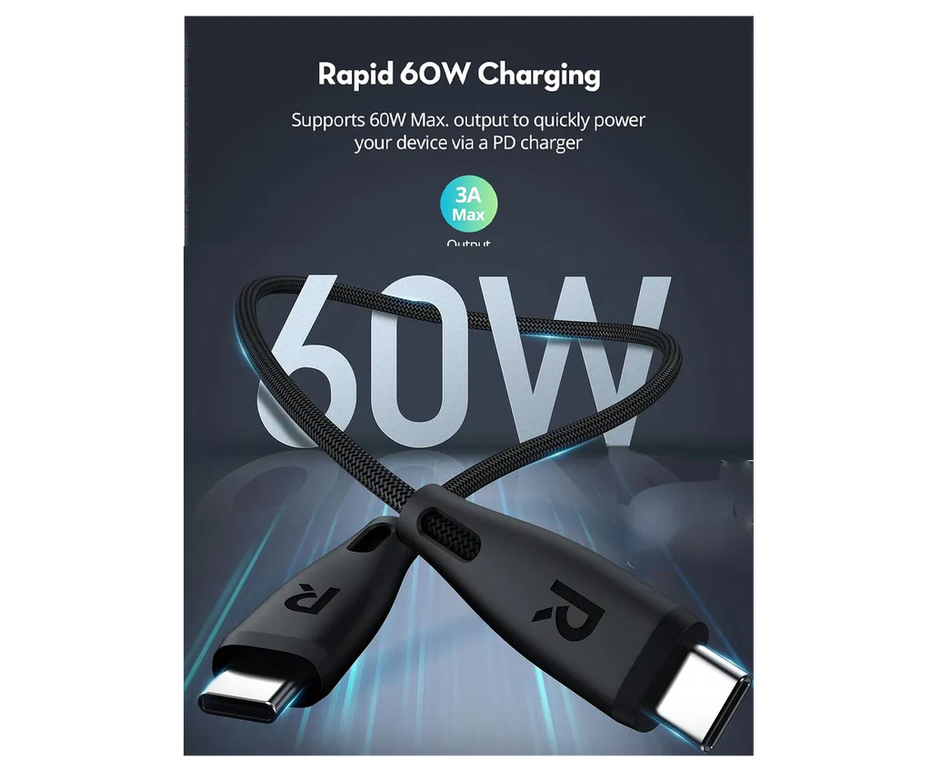 RAVPower RP-CB1037 60W C-C 1.2M USB2.0 3A Cable Black