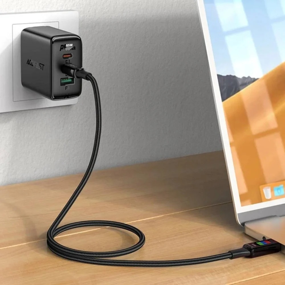 AcwFast C7-03 USB-C to USB-C zinc alloy charging data cable with display,black