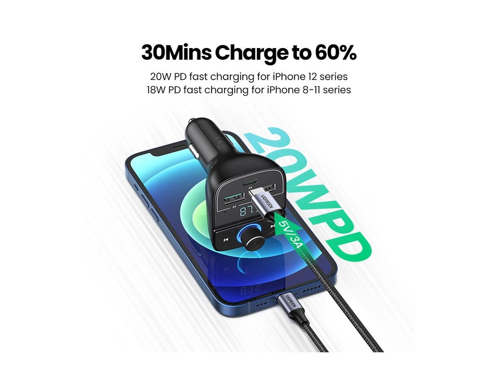 UGREEN Car Bluetooth Adapter - Bluetooth FM Transmitter for Car PD/QC 3.0 Car Charger