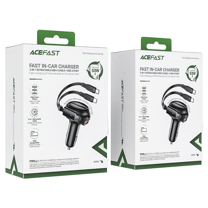 B13 53W 2-in-1 (2*USB-C) car charger with retractable cable,black