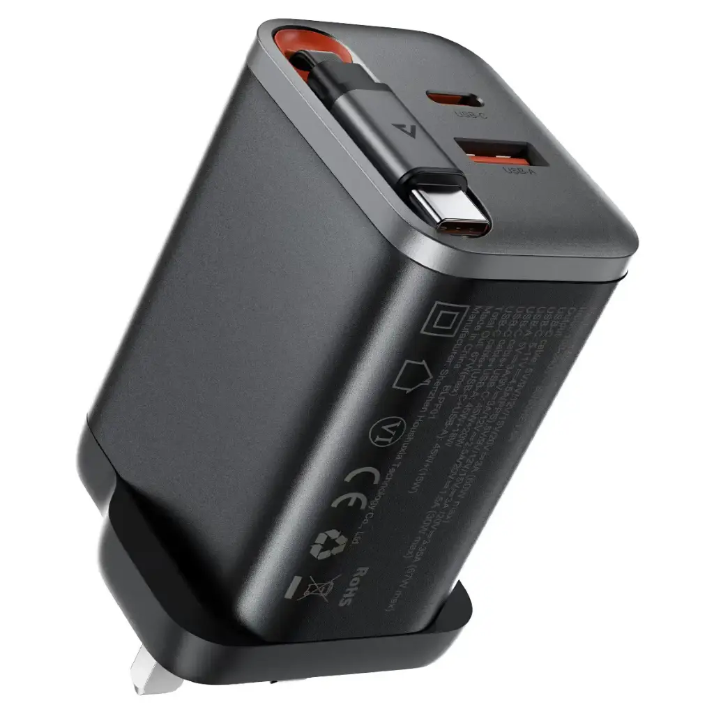 AceFast PD67W GaN charger (2*USB-C+USB-A) with retractable cable,black(UK)