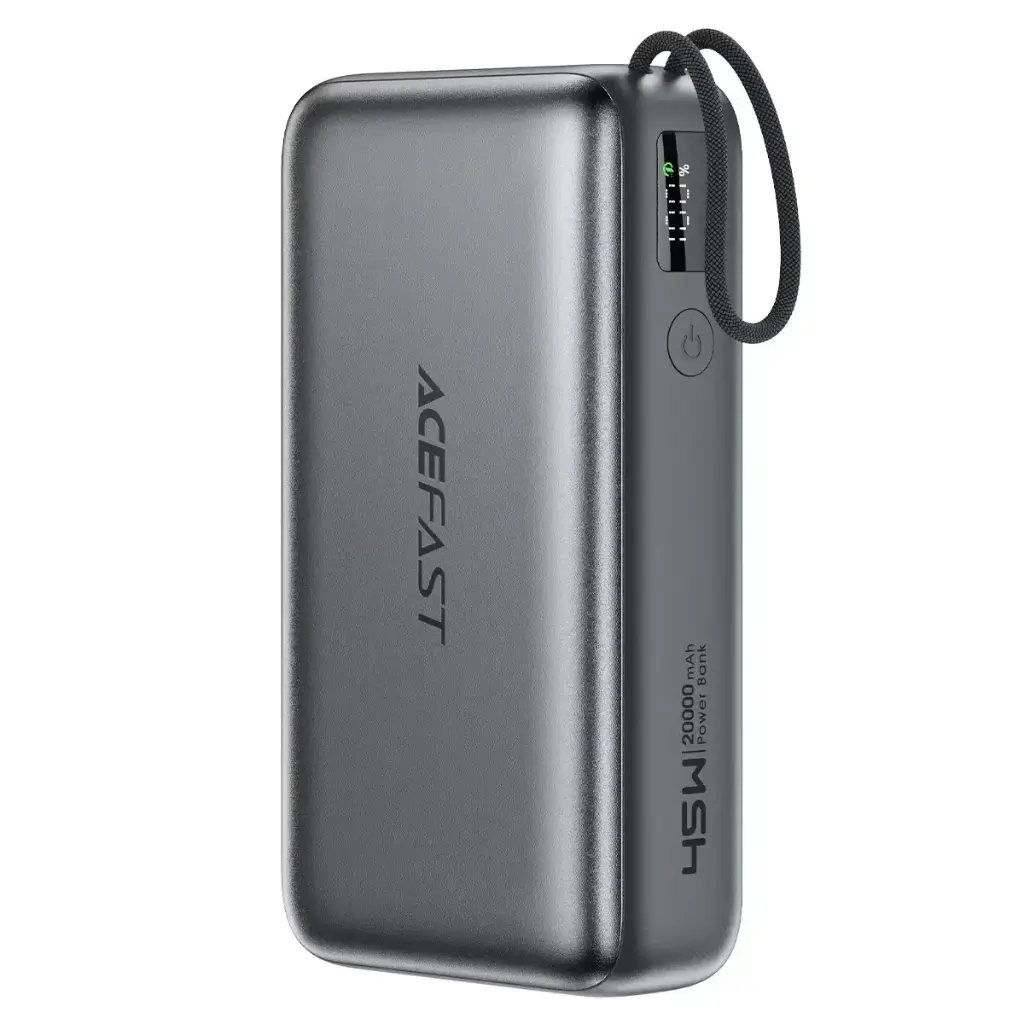 باور بانك ACEFAST شحن سريع PD35W مع كيبل ينسحب 10000mAh رمادي معدني (شهادة CCC)