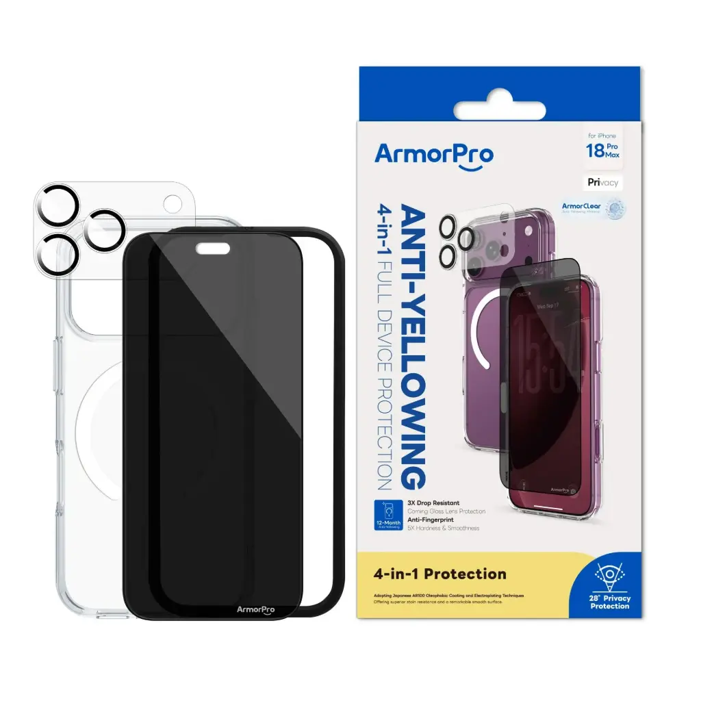كومبو حماية 4 في 1 ArmorPro SODA Privacy (حماية شاشة + حماية كاميرا + غطاء حماية للكاميرا + كفر شفاف MagSafe أبيض) لـ iPhone 18 Pro