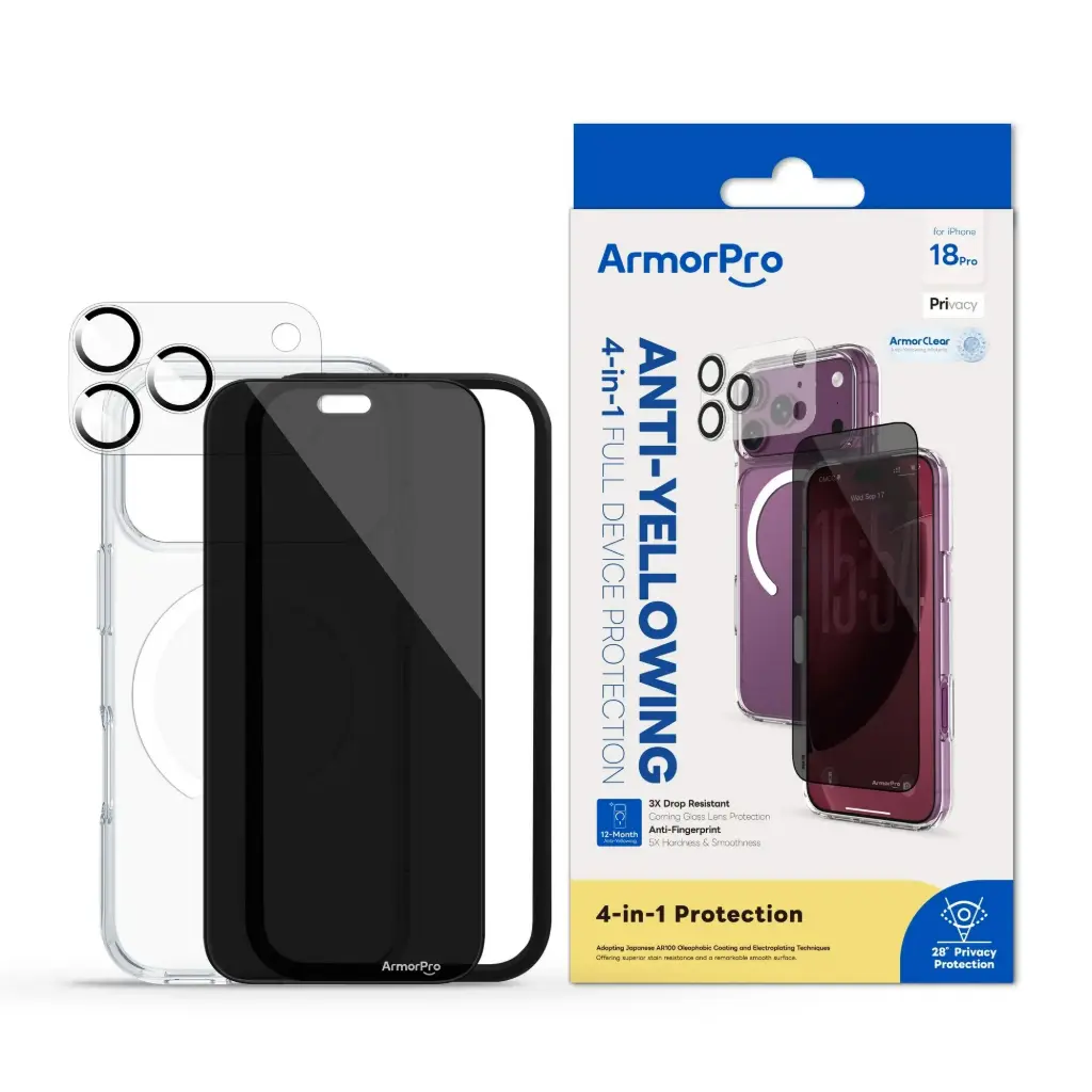 كومبو حماية 4 في 1 ArmorPro SODA Privacy (حماية شاشة + حماية كاميرا + غطاء حماية للكاميرا + كفر شفاف MagSafe أبيض) لـ iPhone 18 Pro Max