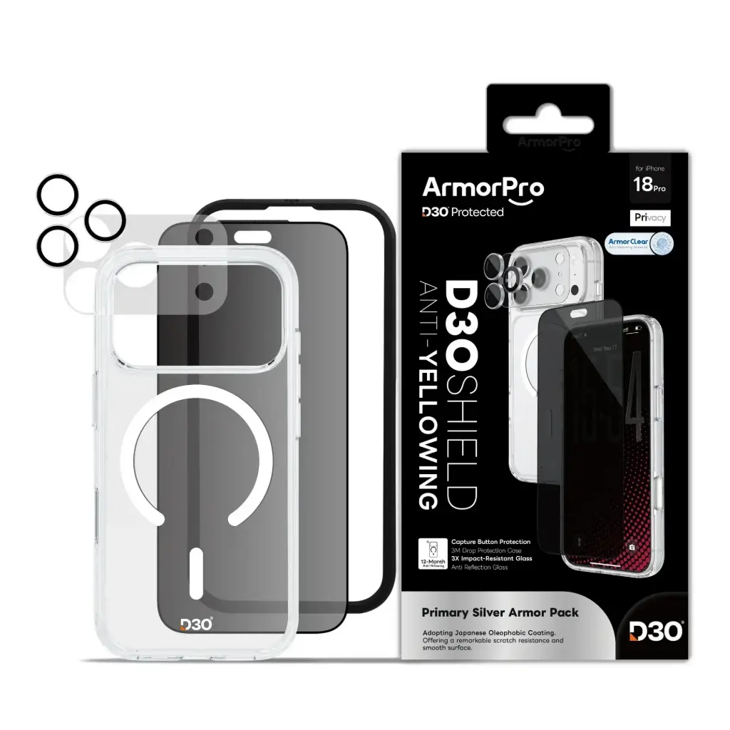 ArmorPro D3O 4-in-1 Combo with Capture Button (Privacy Screen + Camera Lens + D3O Case MagSafe + Lens Film) White for iPhone 18 Pro