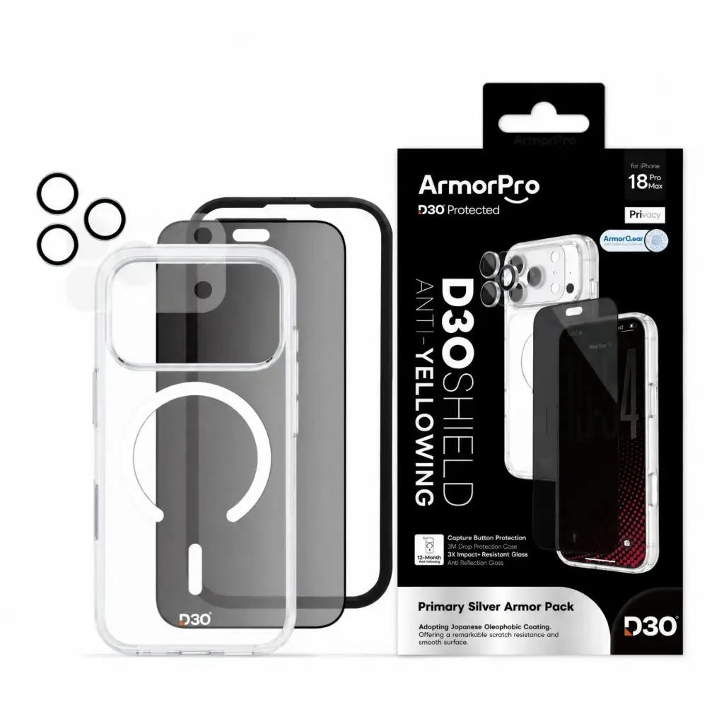 كومبو حماية 4 في 1 ArmorPro D3O مع Capture Button (حماية شاشة خصوصية + حماية كاميرا + كفر D3O MagSafe + لاصق عدسة) أبيض لـ iPhone 18 Pro Max