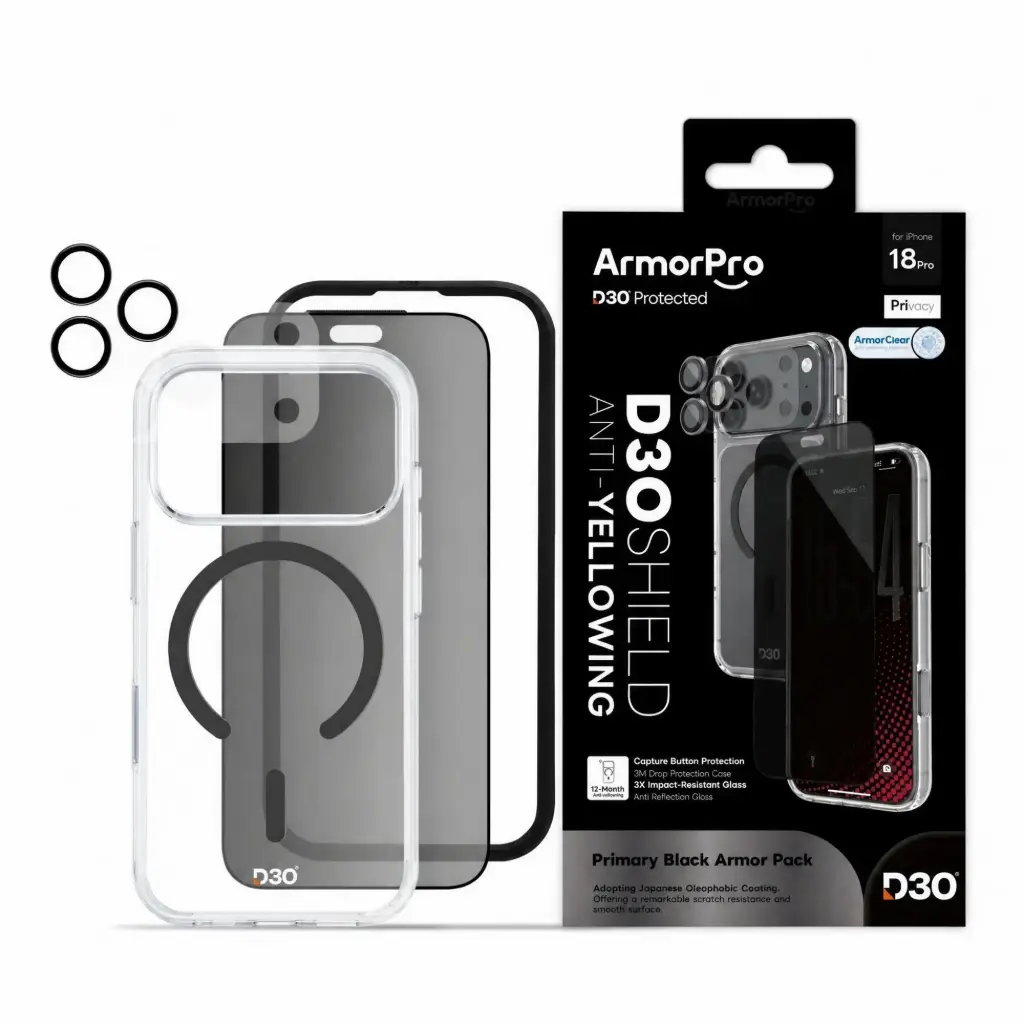 كومبو حماية 4 في 1 ArmorPro D3O مع Capture Button (حماية شاشة خصوصية + حماية كاميرا + كفر D3O MagSafe + لاصق عدسة) أسود لـ iPhone 18 Pro
