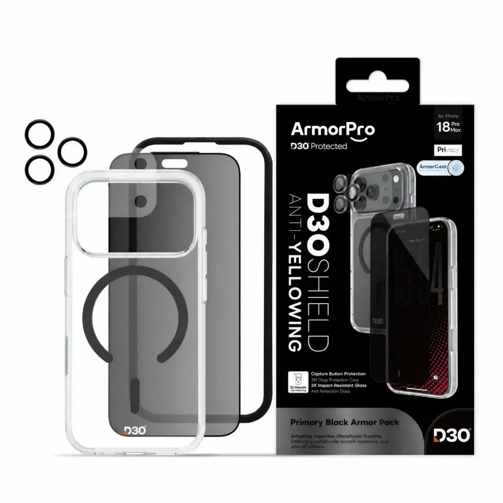 كومبو حماية 4 في 1 ArmorPro D3O مع Capture Button (حماية شاشة خصوصية + حماية كاميرا + كفر D3O MagSafe + لاصق عدسة) أسود لـ iPhone 18 Pro Max