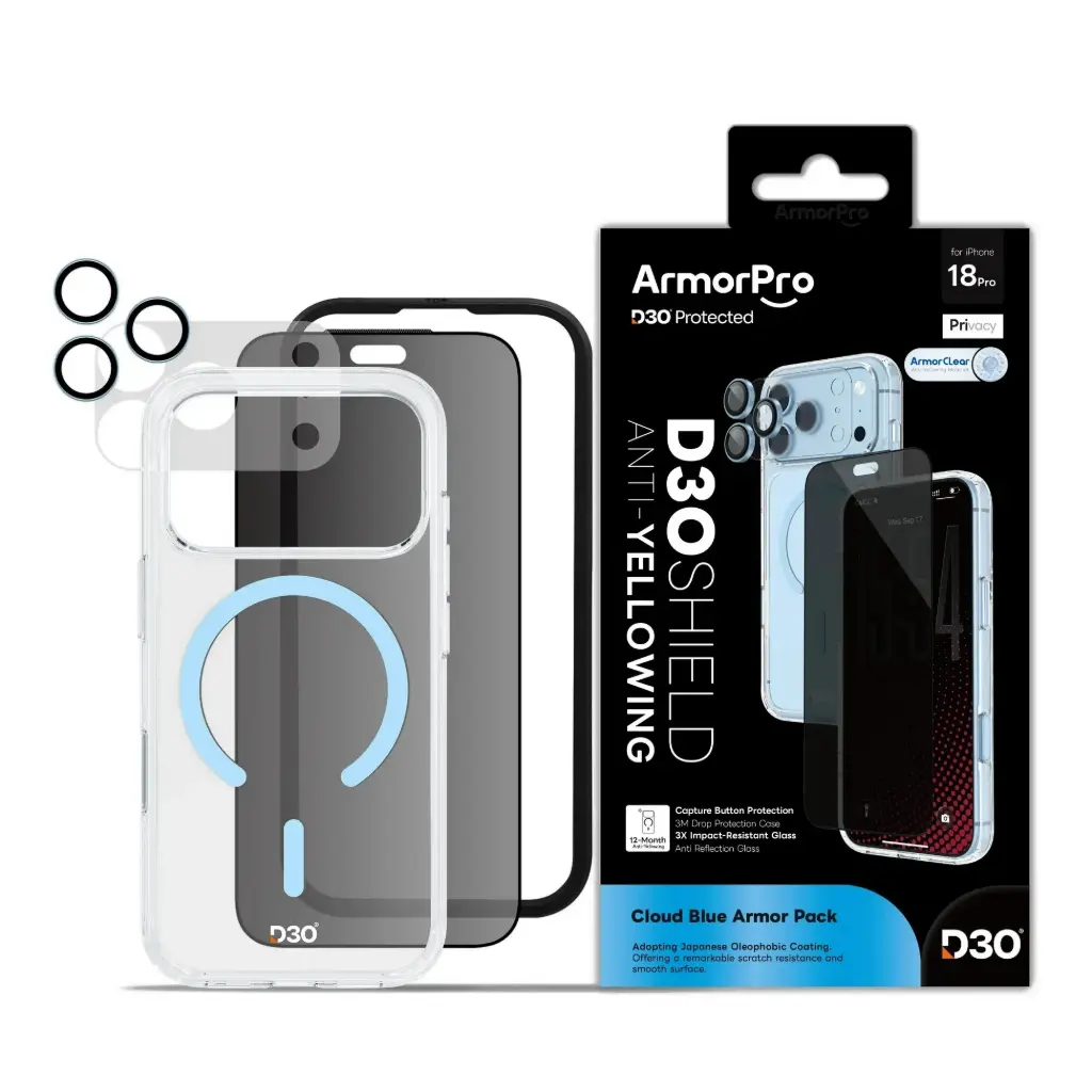 كومبو حماية 4 في 1 ArmorPro D3O مع Capture Button (حماية شاشة خصوصية + حماية كاميرا + كفر D3O MagSafe + لاصق عدسة) Cloud Blue لـ iPhone 18 Pro