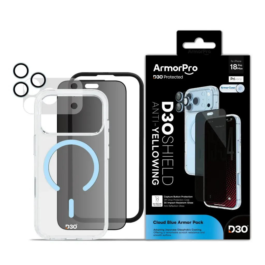 ArmorPro D3O 4-in-1 Combo with Capture Button (Privacy Screen + Camera Lens + D3O Case MagSafe + Lens Film) Blue for iPhone 18 Pro Max
