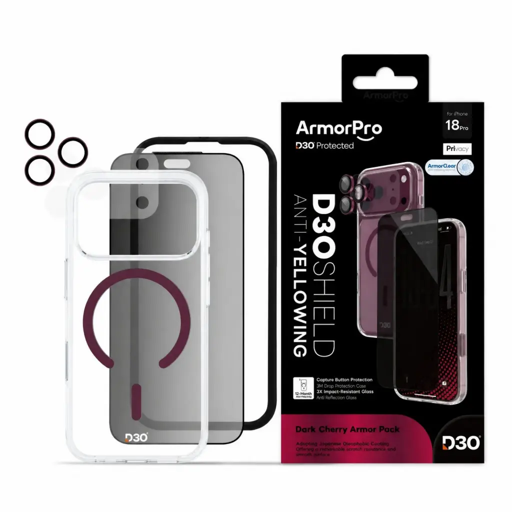 كومبو حماية 4 في 1 ArmorPro D3O (حماية شاشة خصوصية + حماية كاميرا + كفر D3O MagSafe + لاصق عدسة) Dark Cherry لـ iPhone 18 Pro