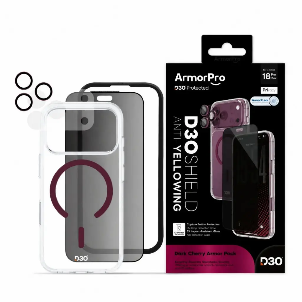 ArmorPro D3O 4-in-1 Combo (Privacy Screen + Camera Lens + D3O Case MagSafe + Lens Film) Dark Cherry for iPhone 18 Pro Max