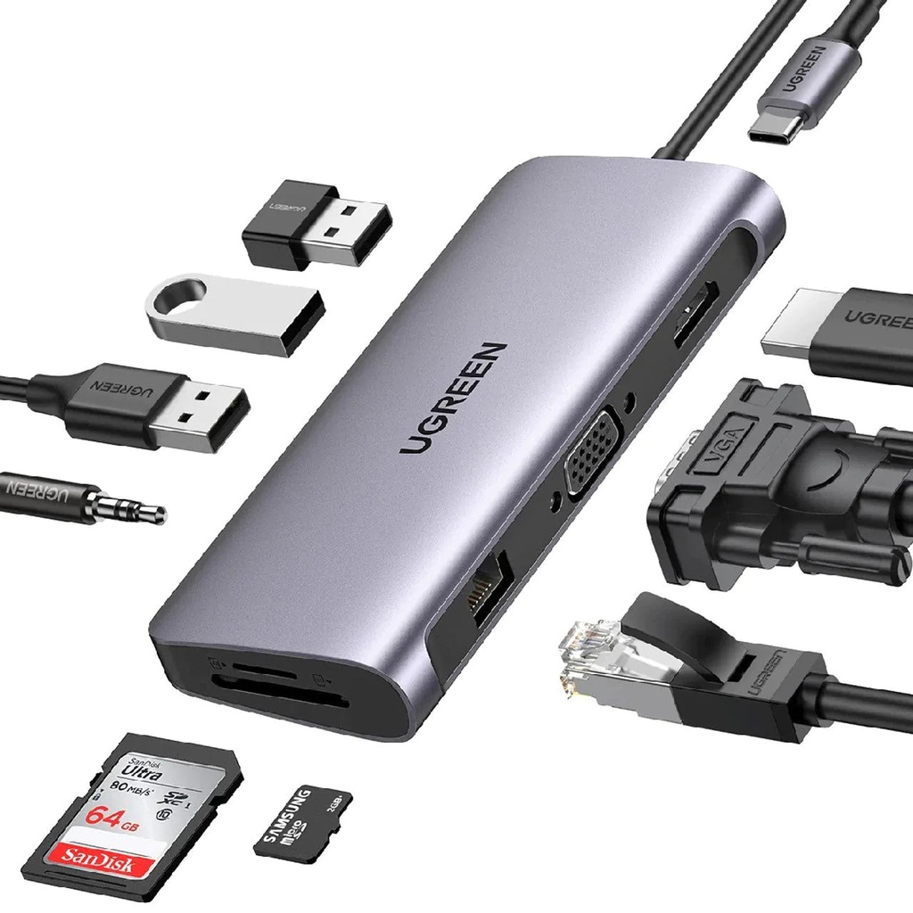موزع UGREEN USB-C 10 في 1 إلى USB-A و HDMI و VGA و RJ45 Gigabit و SD/TF و AUX 3.5mm و PD – رمادي