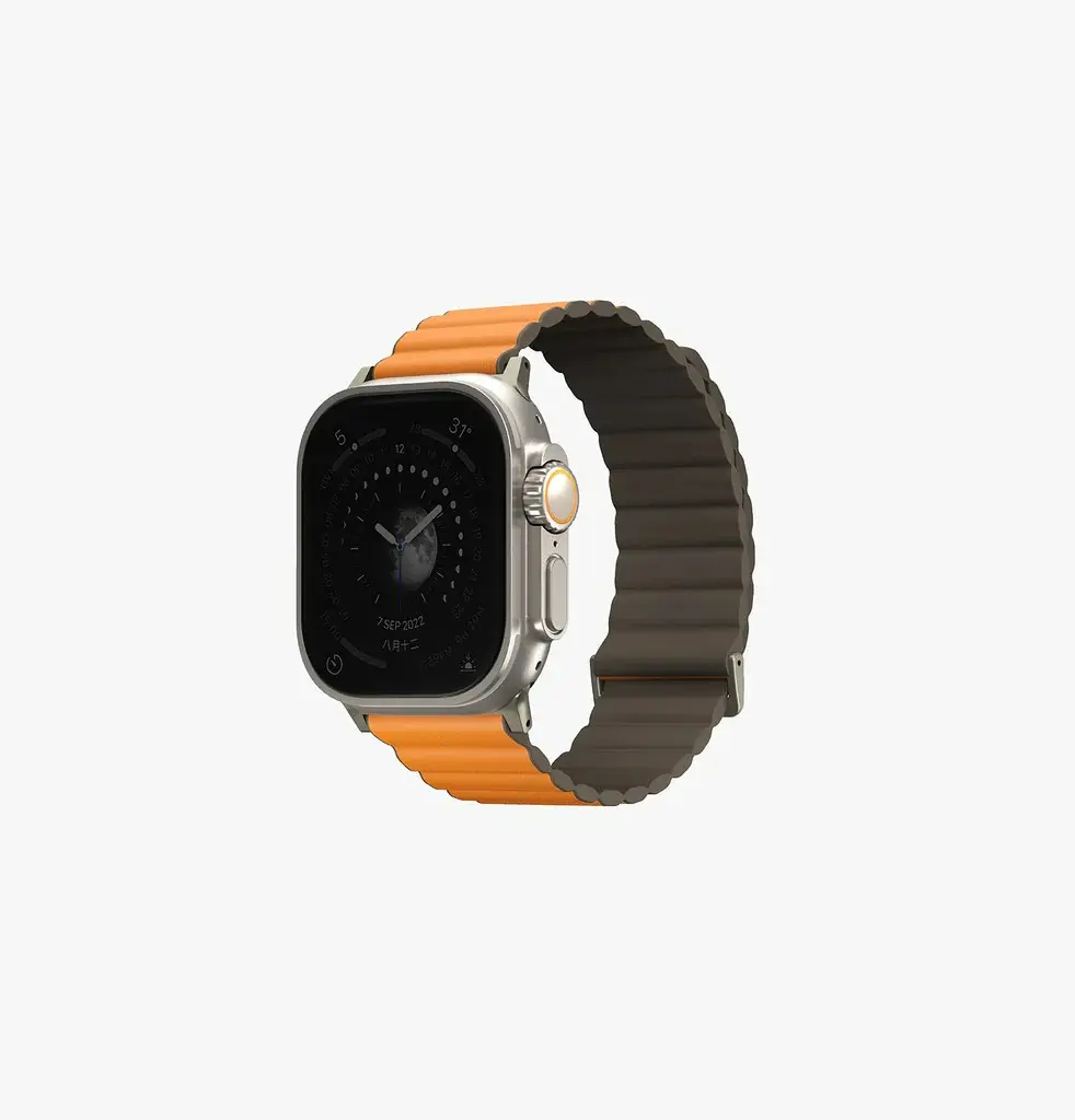 سير UNIQ Revix Premium Edition بوجهين لساعة Apple Watch 49/45/44/42 ملم – برتقالي زعفراني / خاكي