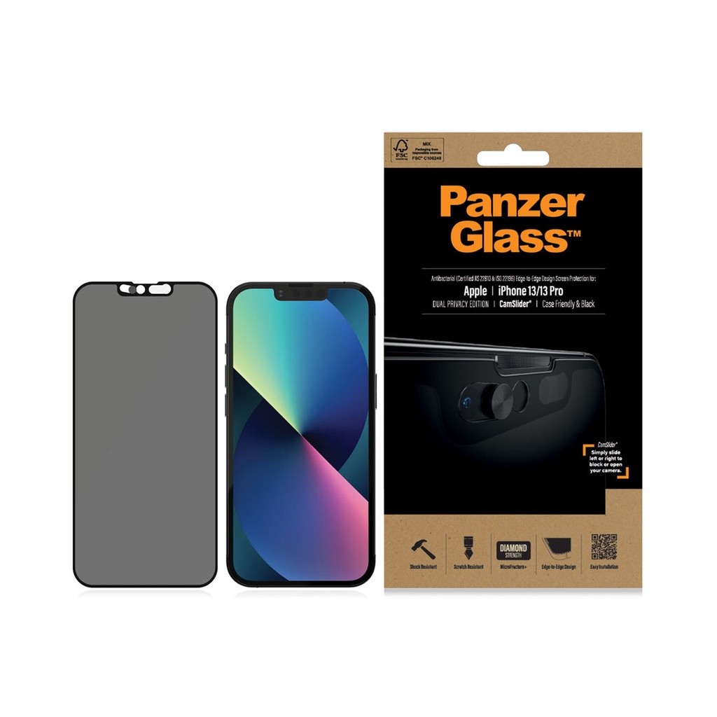 حماية شاشة خصوصية PanzerGlass CamSlider مضادة للبكتيريا لآيفون 13 / 13 Pro (6.1 إنش) – أسود – P2748