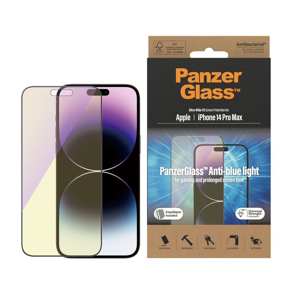 حماية شاشة PanzerGlass Ultra-Wide Fit مضادة للضوء الأزرق مع أداة تركيب لآيفون 14 Pro Max (6.7 إنش)