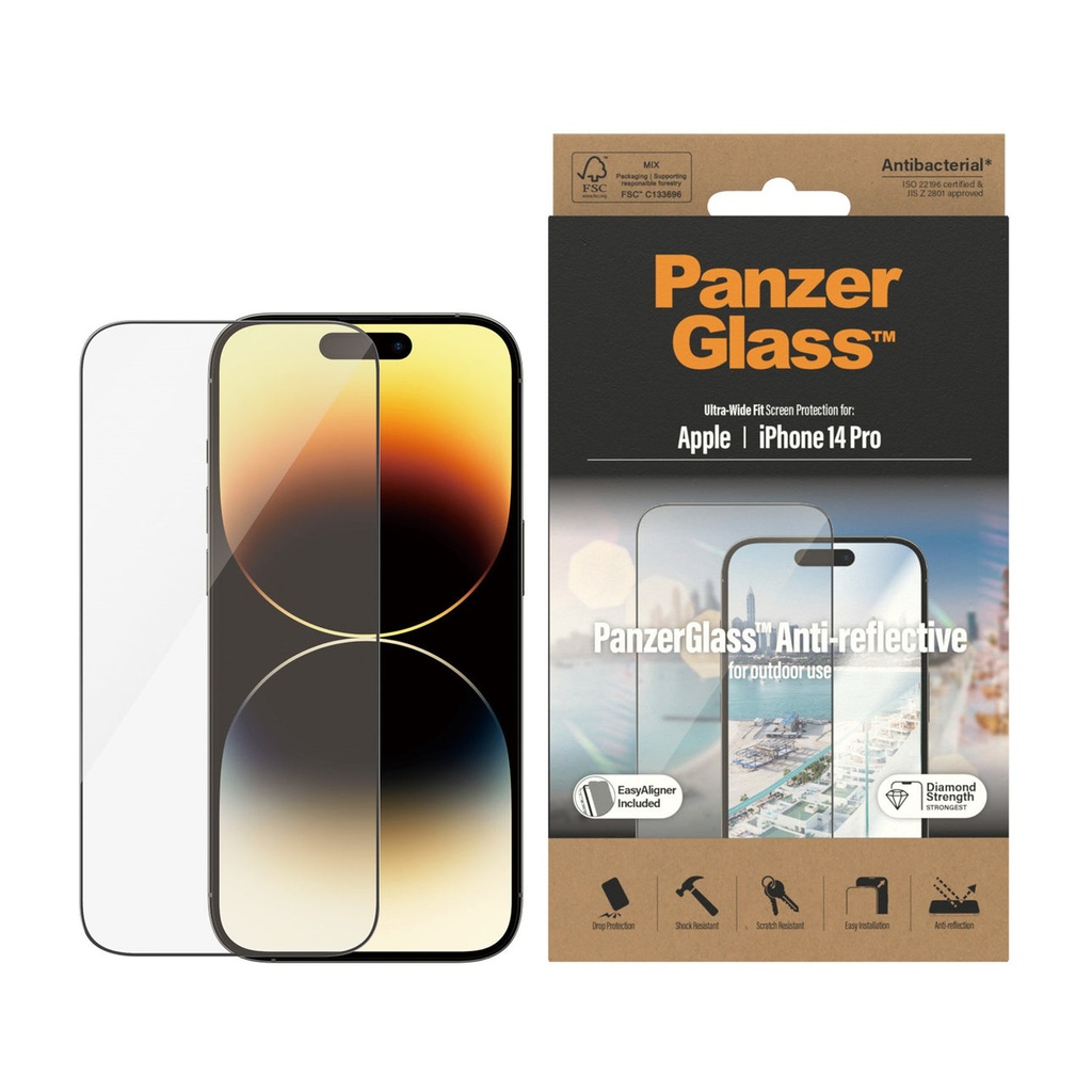 حماية شاشة PanzerGlass Ultra-Wide Fit مضادة للانعكاس مع أداة تركيب لآيفون 14 Pro (6.1 إنش)
