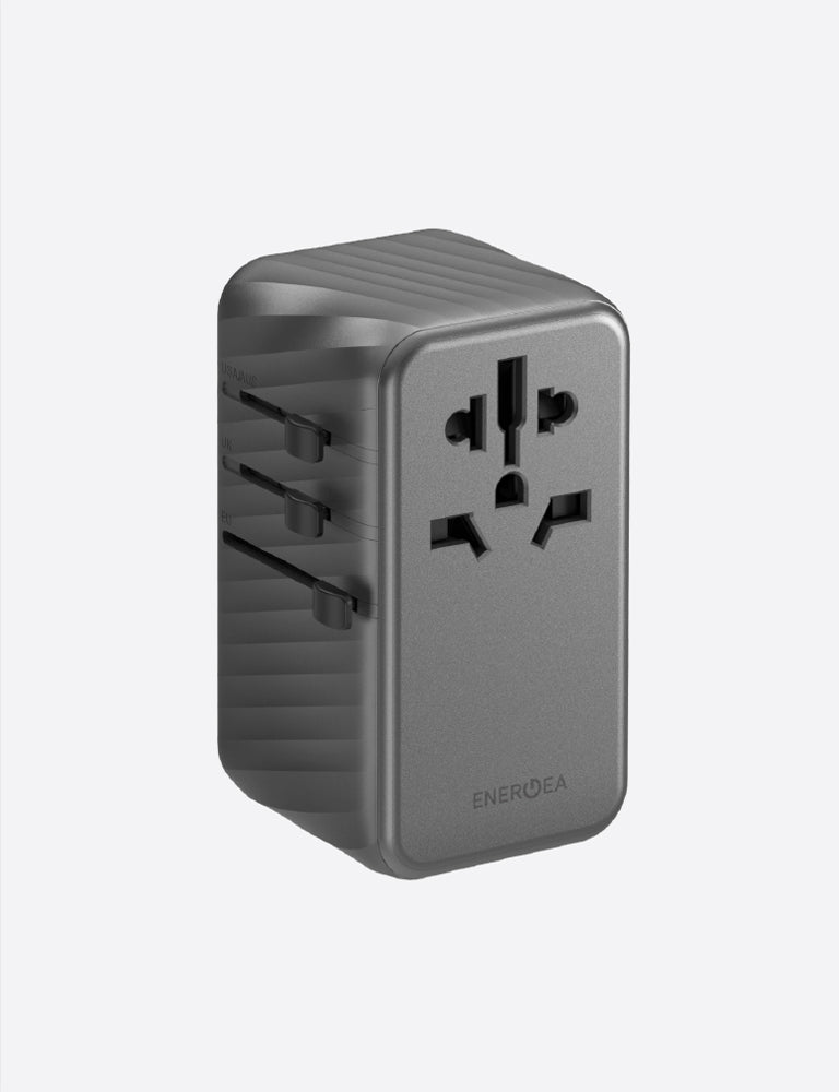 محول سفر ENERGEA TravelWorld GaN بقوة 120 واط مع 3 منافذ USB-C ومنفذ USB-A – رمادي معدني