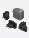 Energea TravelWorld 2-Port USB-C PD and 1-Port USB-A GaN 66W Travel Adapter - Gunmetal