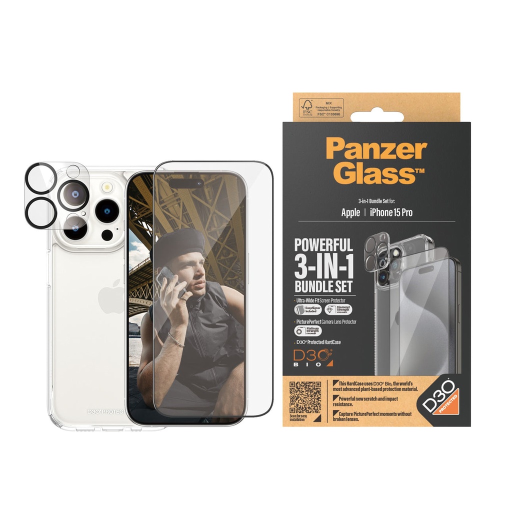 PanzerGlass iPhone 15 Pro 6.1"| 360 Bundle with D3O® | Clear