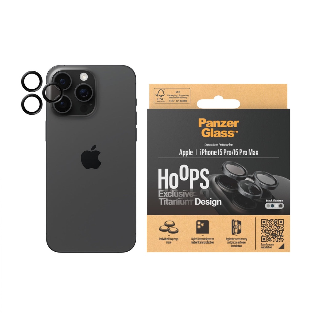 حماية عدسة الكاميرا PanzerGlass Hoops® لآيفون 15 Pro / 15 Pro Max – تيتانيوم أسود