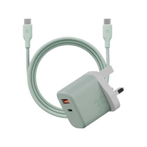 Bazic Velox Kit Bundle 1-Port USB-C & 1-Port USB-A PD 35W Wall Charger with Weave USB-C to USB-C 60W Cable - Green