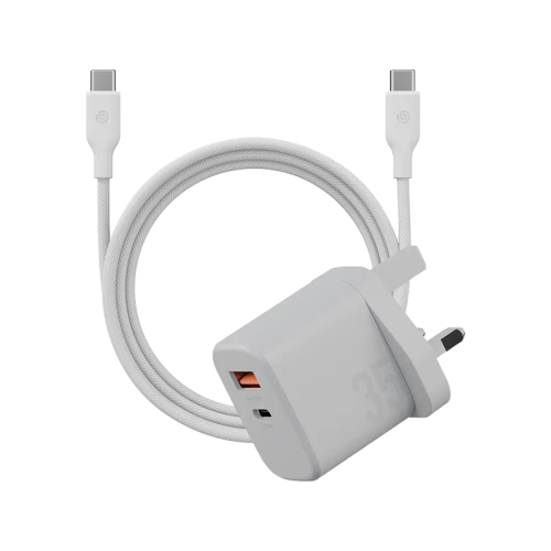 Bazic Velox Kit Bundle 1-Port USB-C & 1-Port USB-A PD 35W Wall Charger with Weave USB-C to USB-C 60W Cable - White