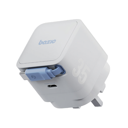 شاحن جداري Bazic GoPort Retrek بقوة 35 واط GaN بمنفذ USB-C وكيبل USB-C مدمج – أبيض