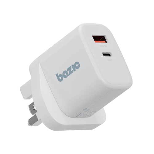 شاحن جداري Bazic GoPort Velox بقوة 35 واط PD بمنفذ USB-C ومنفذ USB-A – أبيض