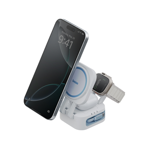 Bazic GoMag Station Mini 3 in 1 Foldable Magnetic Wireless Charger With Apple Watch & Airpods Charging - White