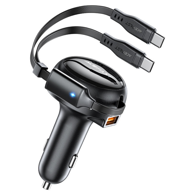 شاحن سيارة ACEFAST B13 بقوة 53W اثنين بواحد (2 USB-C) مع كيبل ينسحب أسود