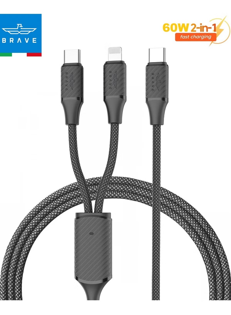 كيبل BRAVE 2 في 1 بقوة 60W من USB-C إلى USB-C و Lightning للشحن السريع ونقل البيانات